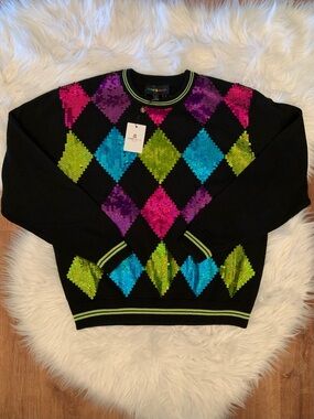 Teddy Fresh NWT Large Black Crew Sweater Multicolor Sequins Argyle Style Unisex